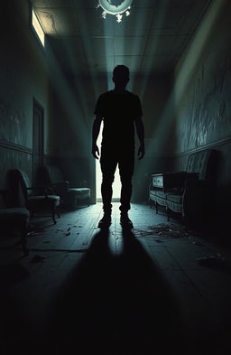 A 1990s-style horror book cover featuring a shadowy silhouette of a person standing in an abandoned, dimly lit room