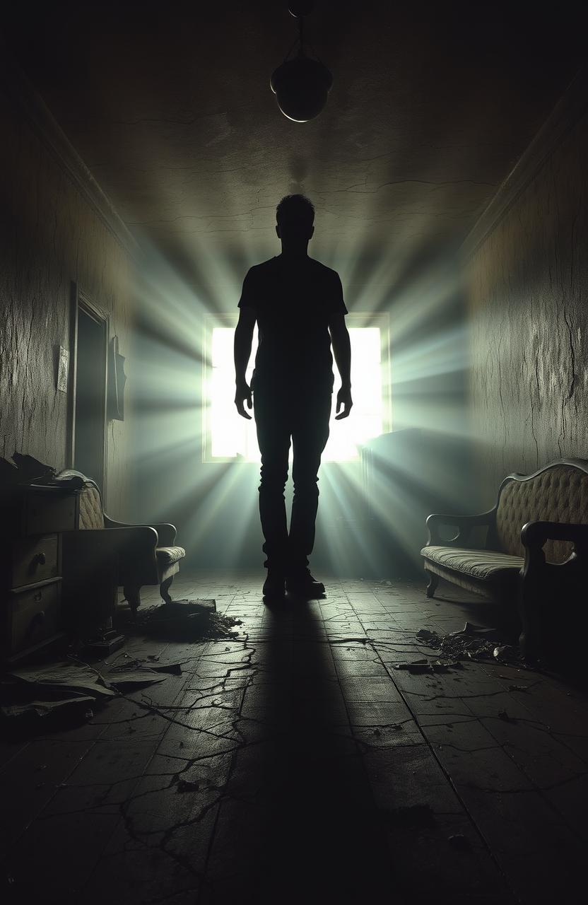 A 1990s-style horror book cover featuring a shadowy silhouette of a person standing in an abandoned, dimly lit room
