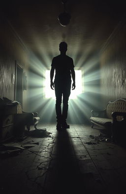 A 1990s-style horror book cover featuring a shadowy silhouette of a person standing in an abandoned, dimly lit room