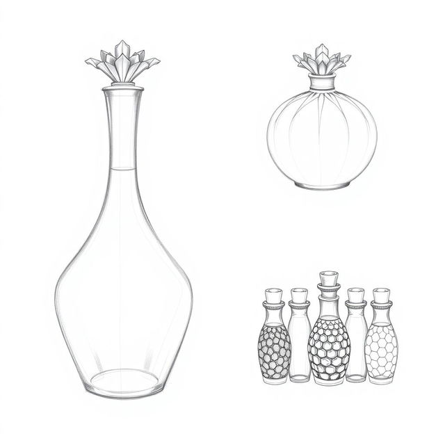 A series of three distinct pencil sketches illustrating a creative perfume bottle design inspired by a pomegranate, divided into three individual parts