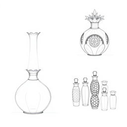 A series of three distinct pencil sketches illustrating a creative perfume bottle design inspired by a pomegranate, divided into three individual parts