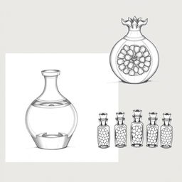 A series of three distinct pencil sketches illustrating a creative perfume bottle design inspired by a pomegranate, divided into three individual parts