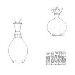 A series of three distinct pencil sketches illustrating a creative perfume bottle design inspired by a pomegranate, divided into three individual parts