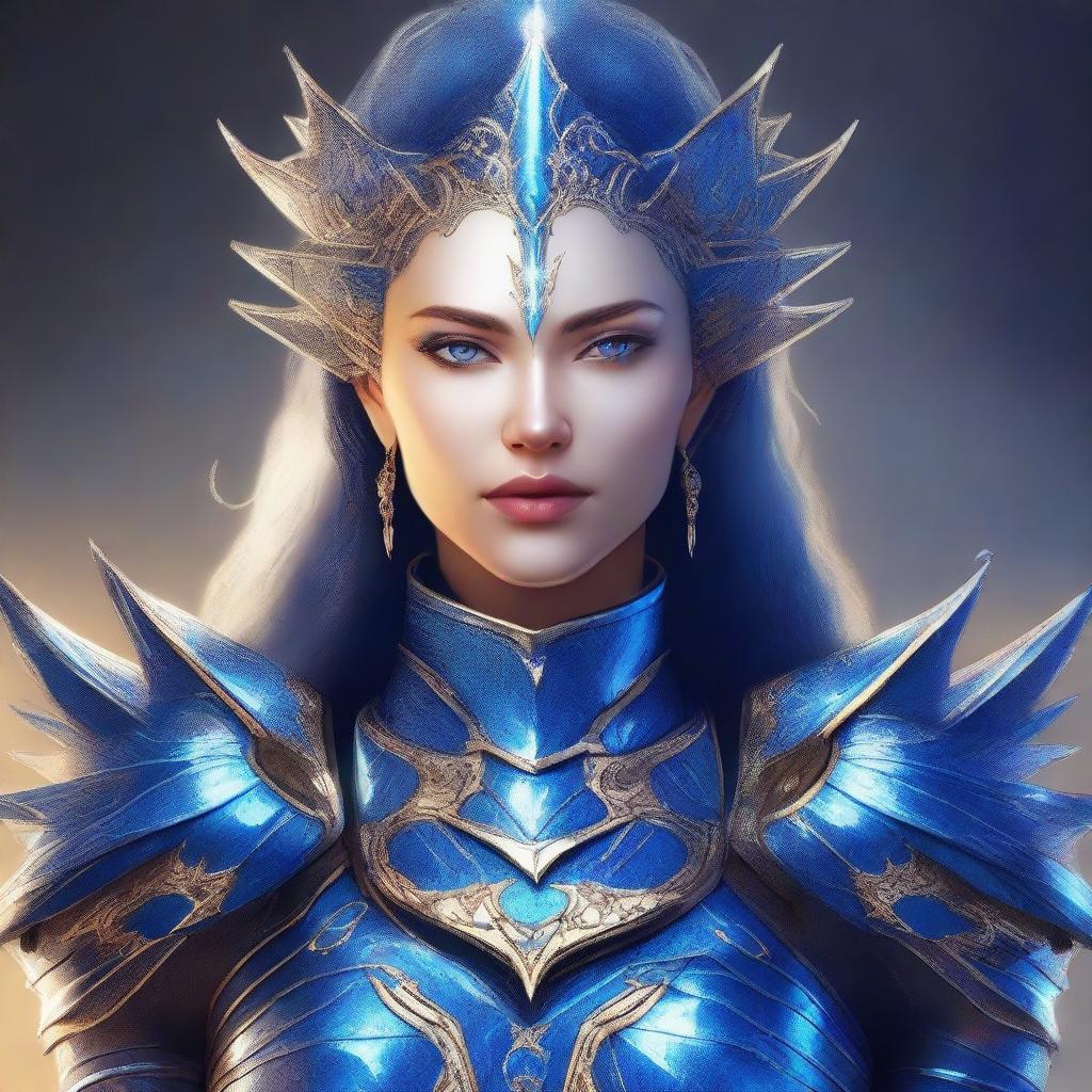 Create a high-quality digital art piece of a woman cleric clad in blue spiked armor