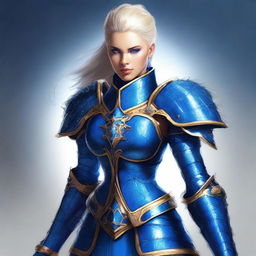 Create a high-quality digital art piece of a woman cleric clad in blue spiked armor