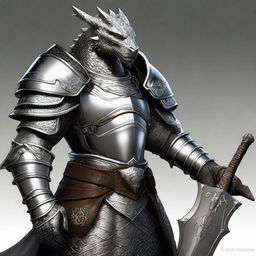 A digital art depicting a silver Dragonborn paladin in full armor, standing tall and holding a glaive