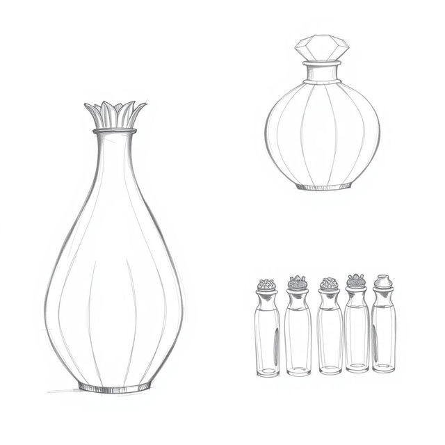 A series of three detailed pencil sketches illustrating a unique perfume bottle design inspired by a pomegranate