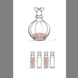 A series of three detailed pencil sketches illustrating a unique perfume bottle design inspired by a pomegranate