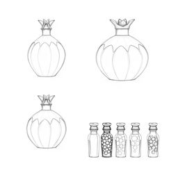 A series of three detailed pencil sketches illustrating a unique perfume bottle design inspired by a pomegranate