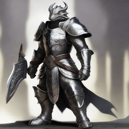 A digital art depicting a silver Dragonborn paladin in full armor, standing tall and holding a glaive