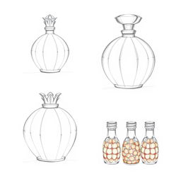 A series of three detailed pencil sketches illustrating a unique perfume bottle design inspired by a pomegranate