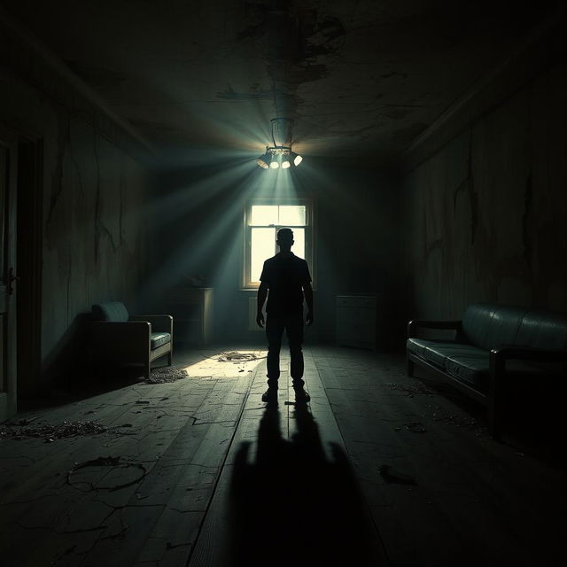 A 1990s-style horror book cover depicting a shadowy silhouette of a person standing in an abandoned, dimly lit room