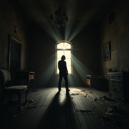 A 1990s-style horror book cover depicting a shadowy silhouette of a person standing in an abandoned, dimly lit room