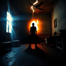 A 1990s-style horror book cover depicting a shadowy silhouette of a person standing in an abandoned, dimly lit room