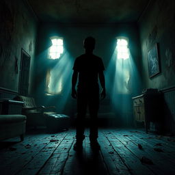 A 1990s-style horror book cover depicting a shadowy silhouette of a person standing in an abandoned, dimly lit room