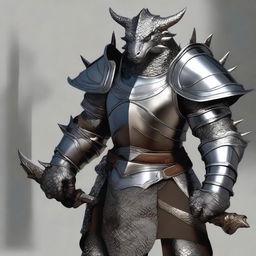 A digital art depicting a silver Dragonborn paladin in full armor, standing tall and holding a glaive