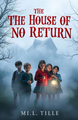 A group of children standing together in a thick fog, their expressions filled with curiosity and a hint of fear