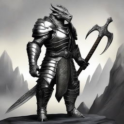 A digital art depicting a silver Dragonborn paladin in full armor, standing tall and holding a glaive