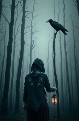 A dark and misty forest filled with tall, dead trees that obscure the sky, creating an eerie atmosphere with no visible stars or moon