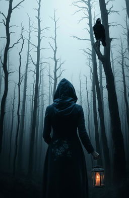 A dark and misty forest filled with tall, dead trees that obscure the sky, creating an eerie atmosphere with no visible stars or moon