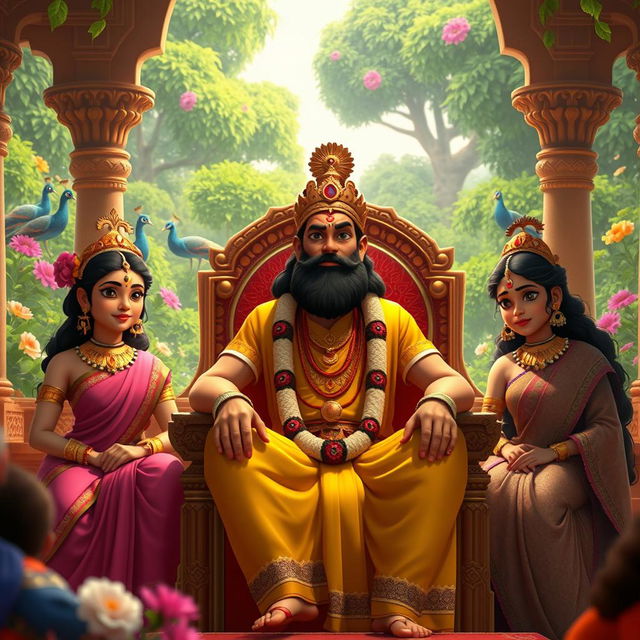 A high-definition animated video scene depicting the story of Raja Dashrath from Hindu mythology