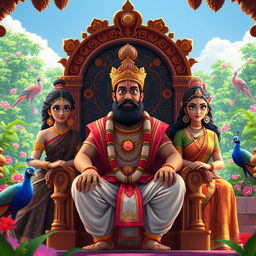 A high-definition animated video scene depicting the story of Raja Dashrath from Hindu mythology