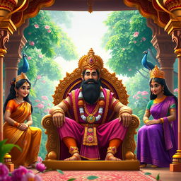 A high-definition animated video scene depicting the story of Raja Dashrath from Hindu mythology