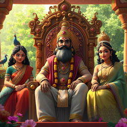 A high-definition animated video scene depicting the story of Raja Dashrath from Hindu mythology