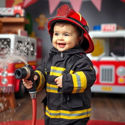 A playful scene depicting a cute baby dressed as a firefighter, complete with a miniature firefighter uniform and a shiny helmet
