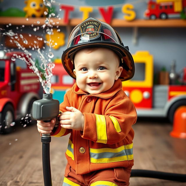 A playful scene depicting a cute baby dressed as a firefighter, complete with a miniature firefighter uniform and a shiny helmet