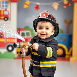 A playful scene depicting a cute baby dressed as a firefighter, complete with a miniature firefighter uniform and a shiny helmet
