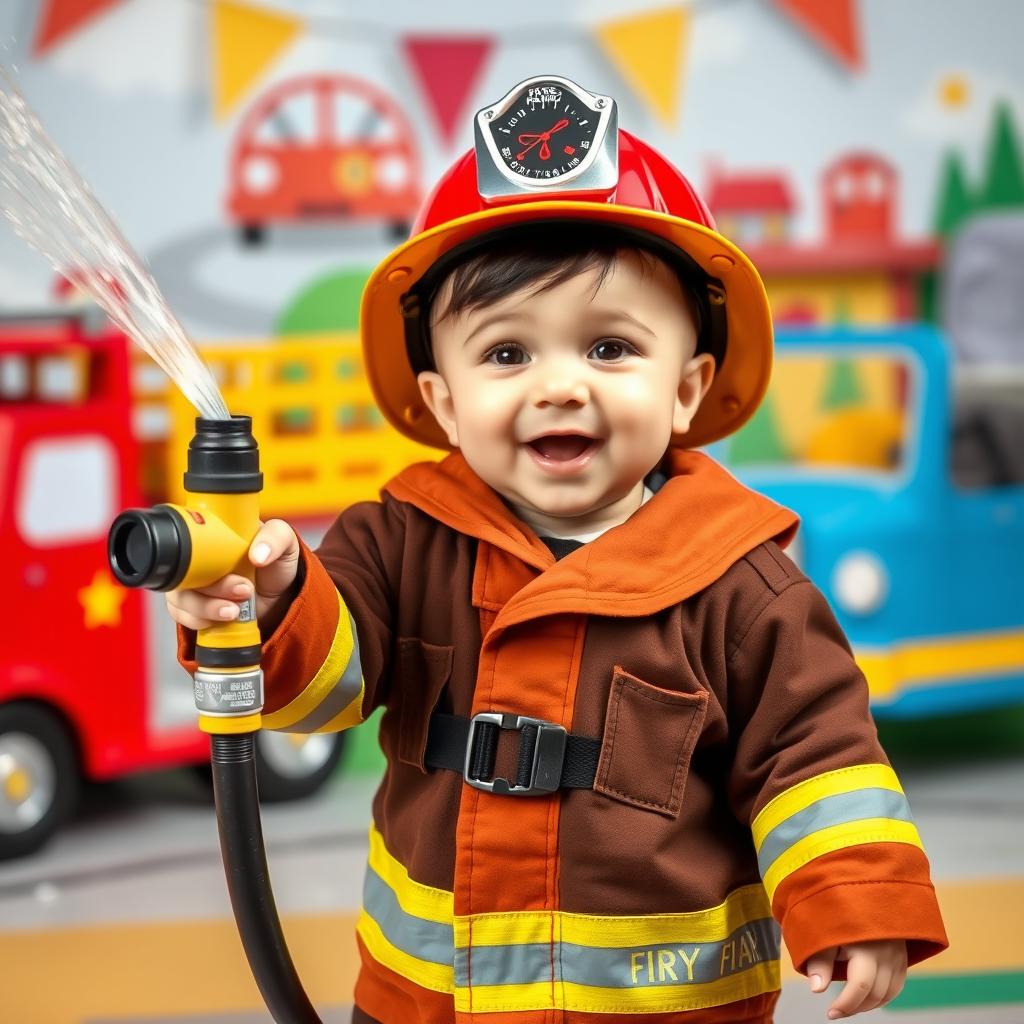 A playful scene depicting a cute baby dressed as a firefighter, complete with a miniature firefighter uniform and a shiny helmet