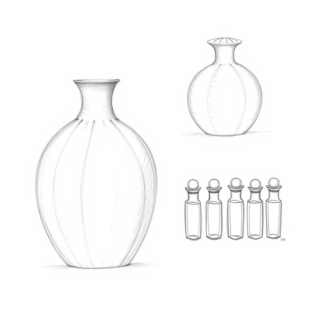 A collection of three detailed pencil sketches showcasing a unique perfume bottle design inspired by the shape of a pomegranate