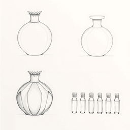 A collection of three detailed pencil sketches showcasing a unique perfume bottle design inspired by the shape of a pomegranate