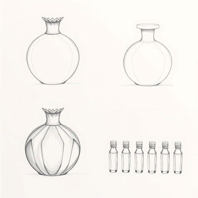 A collection of three detailed pencil sketches showcasing a unique perfume bottle design inspired by the shape of a pomegranate