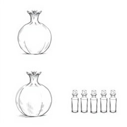 A collection of three detailed pencil sketches showcasing a unique perfume bottle design inspired by the shape of a pomegranate