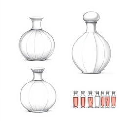 A collection of three detailed pencil sketches showcasing a unique perfume bottle design inspired by the shape of a pomegranate
