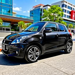A sleek black swift car parked elegantly, showcasing its stylish 18-inch alloy wheels