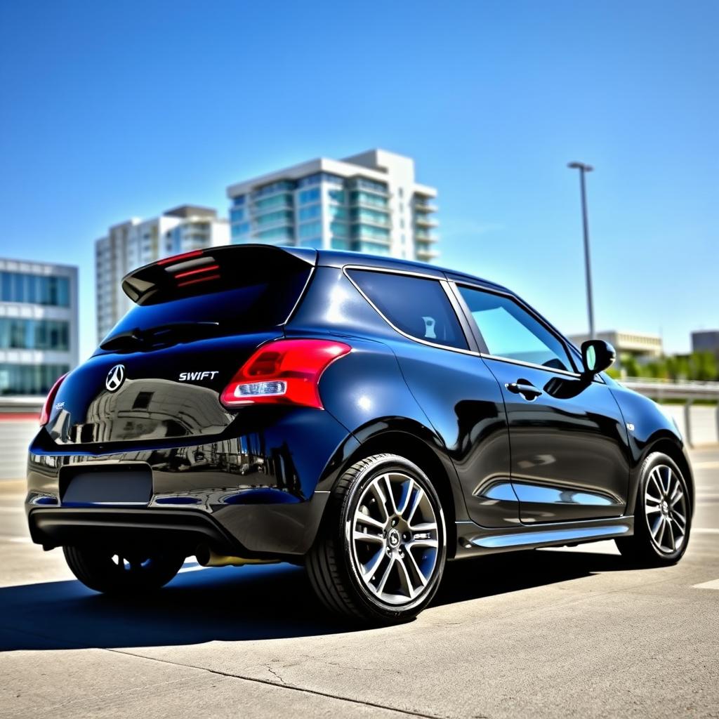 A sleek black swift car parked elegantly, showcasing its stylish 18-inch alloy wheels