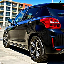 A sleek black swift car parked elegantly, showcasing its stylish 18-inch alloy wheels