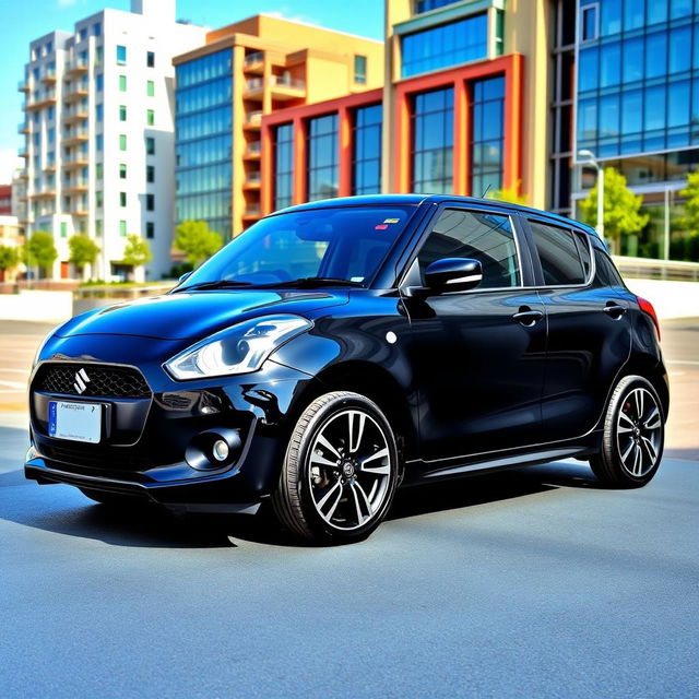 A sleek black swift car parked elegantly, showcasing its stylish 18-inch alloy wheels