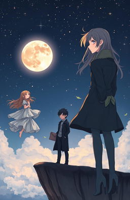 A romantic yet mysterious cover illustration featuring a girl deeply fascinated by the moon, standing on a cliff overlooking a starry night sky