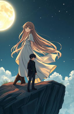 A romantic yet mysterious cover illustration featuring a girl deeply fascinated by the moon, standing on a cliff overlooking a starry night sky