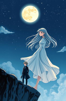 A romantic yet mysterious cover illustration featuring a girl deeply fascinated by the moon, standing on a cliff overlooking a starry night sky