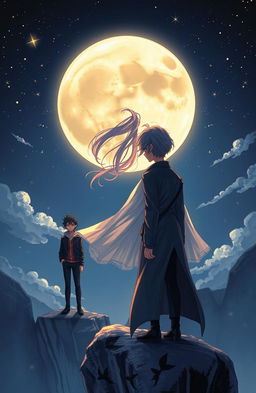 A romantic yet mysterious cover illustration featuring a girl deeply fascinated by the moon, standing on a cliff overlooking a starry night sky