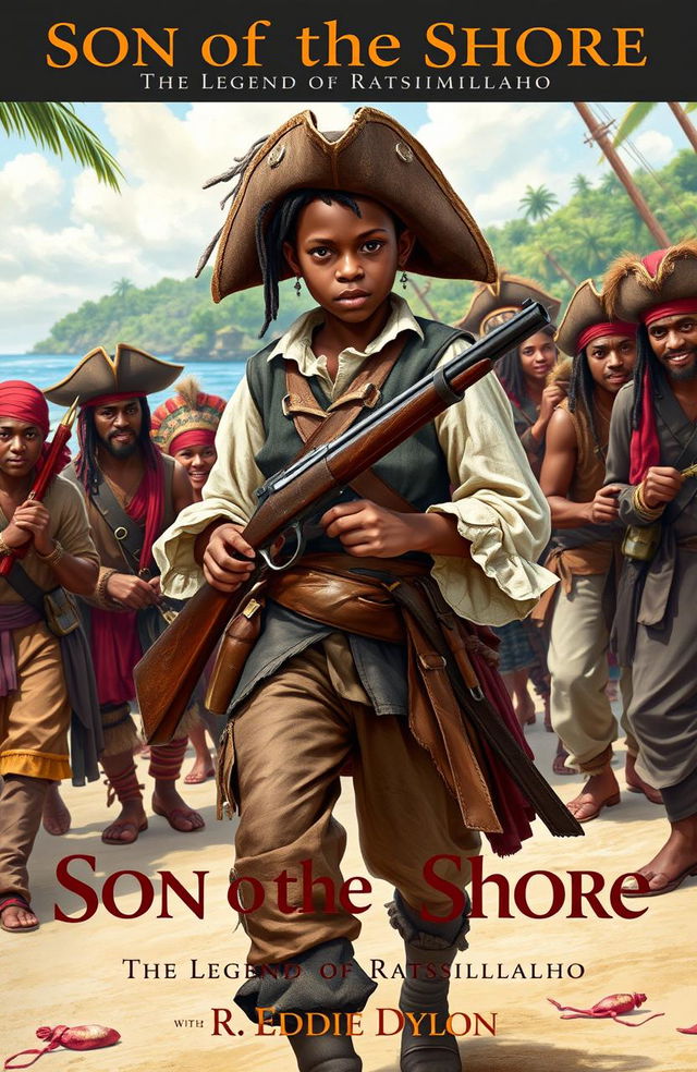 An 18-year-old black-skinned boy of mixed English and Malagasy descent, wearing tattered, broken pirate clothing intertwined with 17th-century Malagasy attire