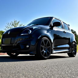 A sleek black swift car with a dynamic design, featuring striking 18-inch alloy wheels and an aggressive wide body kit