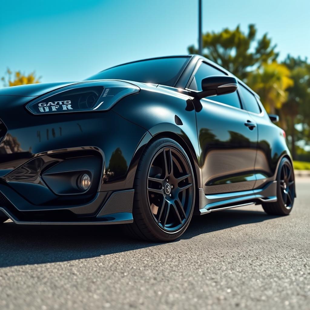 A sleek black swift car with a dynamic design, featuring striking 18-inch alloy wheels and an aggressive wide body kit