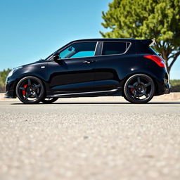 A sleek black swift car with a dynamic design, featuring striking 18-inch alloy wheels and an aggressive wide body kit