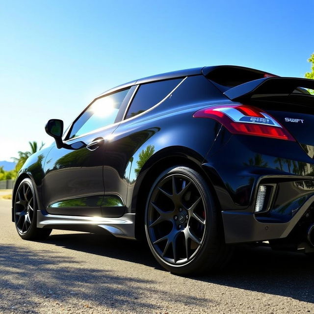 A sleek black swift car with a dynamic design, featuring striking 18-inch alloy wheels and an aggressive wide body kit